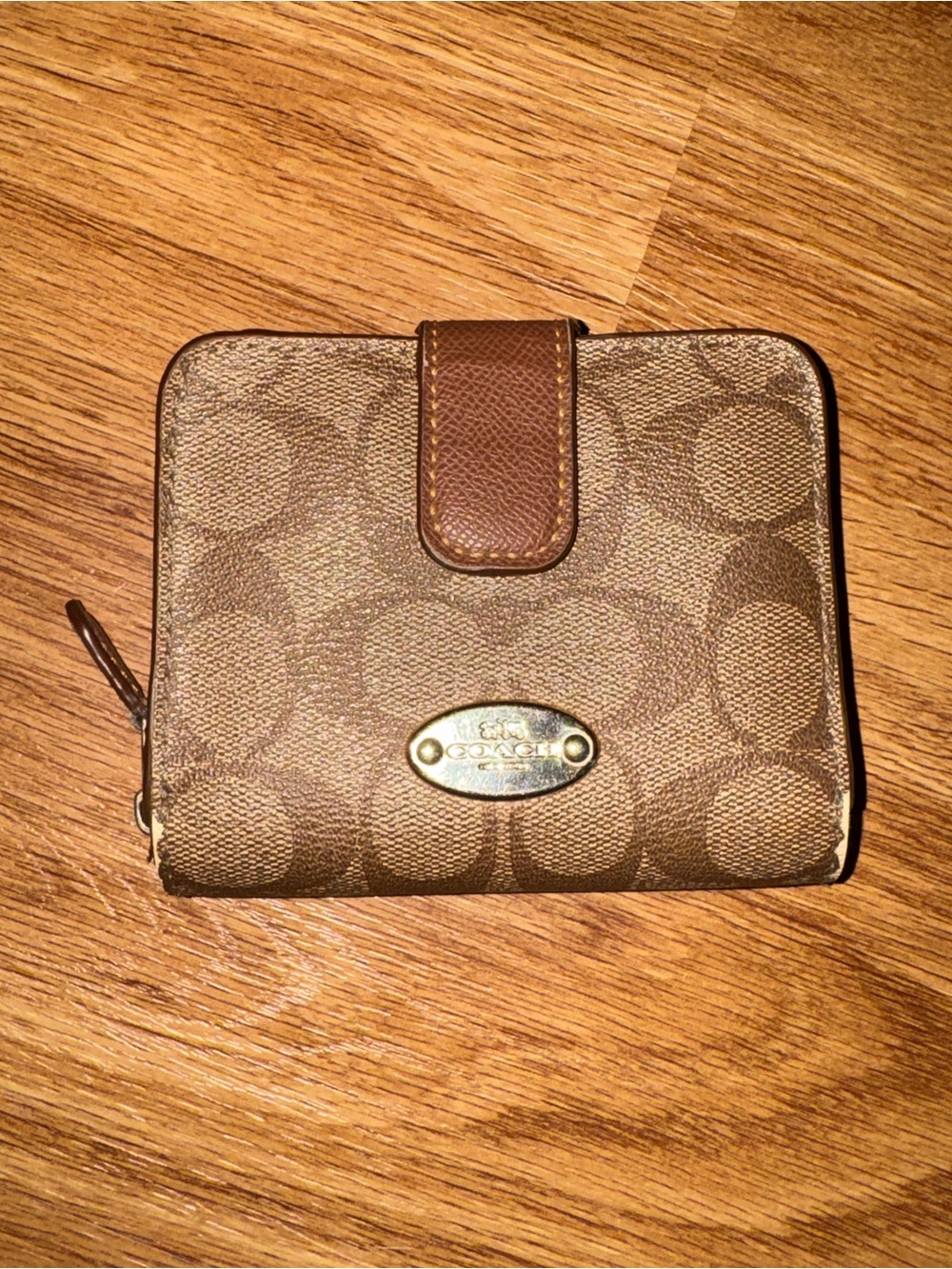 Coach Brown Signature Zip & Snap Compact Wallet